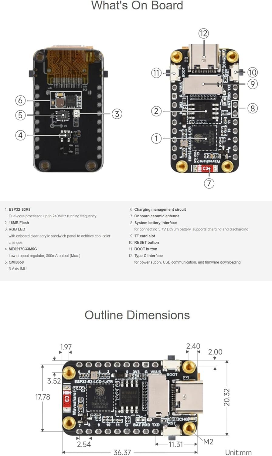 XYGStudy ESP32-S3 1.47inch 172320 262K 2.4GHz 5, 240MHz LX7 (ESP32-S3-LCD-1.47B) LCD Display Development Board Type B