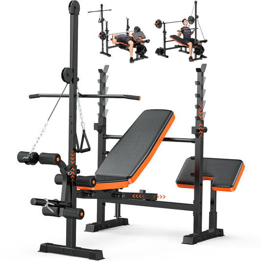 Fostoy 8-in-1 Adjustable Olympic Weight Bench with Lat Pulldown, Row, Squat Rack & Leg Curl – MultiFunction Strength Training Bench Press for Adjustable Seat for Home Gym(8in1 Olympic Weight Bench)