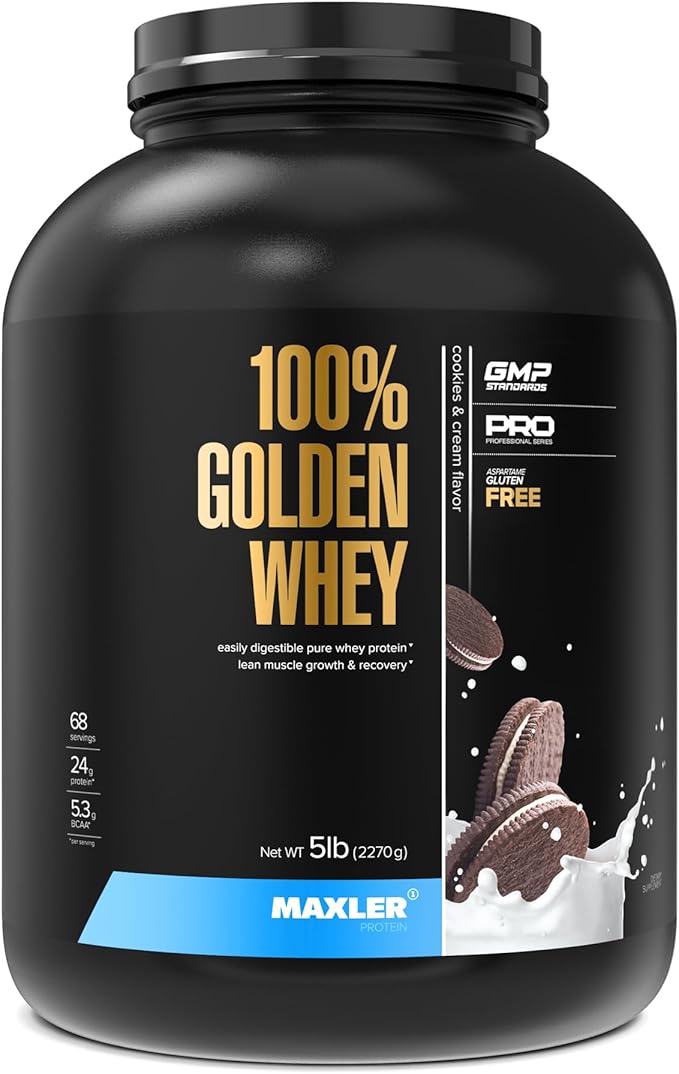 Maxler 100% Golden Whey Protein - 24g of Protein per Serving - Premium Whey Protein Powder for Pre Post Workout - Fast-Absorbing Whey Concentrate, Isolate & Hydrolysate Blend - Cookies & Cream 5 lb