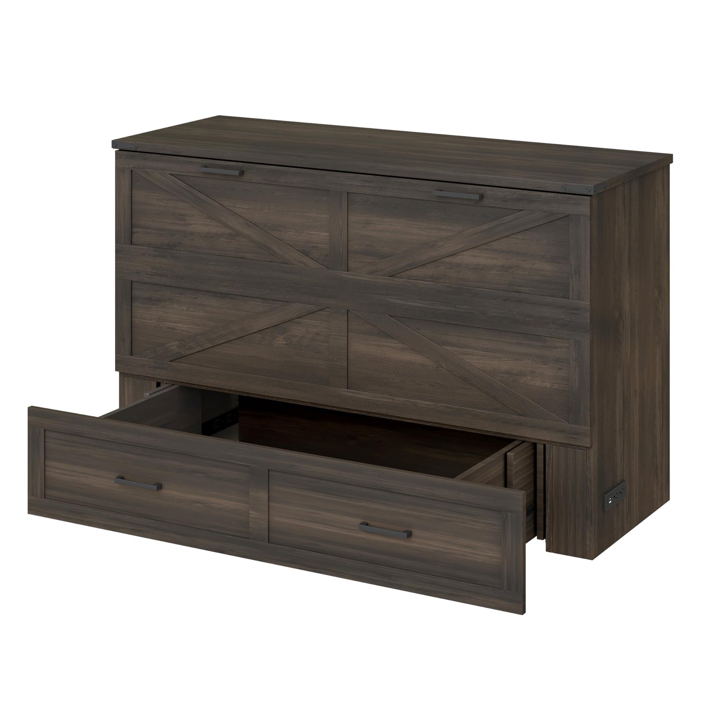 Bellemave Queen Murphy Bedframe, Cabinet Bed with Charging Station and Storage, Farmhouse Murphy Cabinet with Foldable Panel, Noisy Free, for Guest Bedroom, Living Room, Office, Rustic Gray
