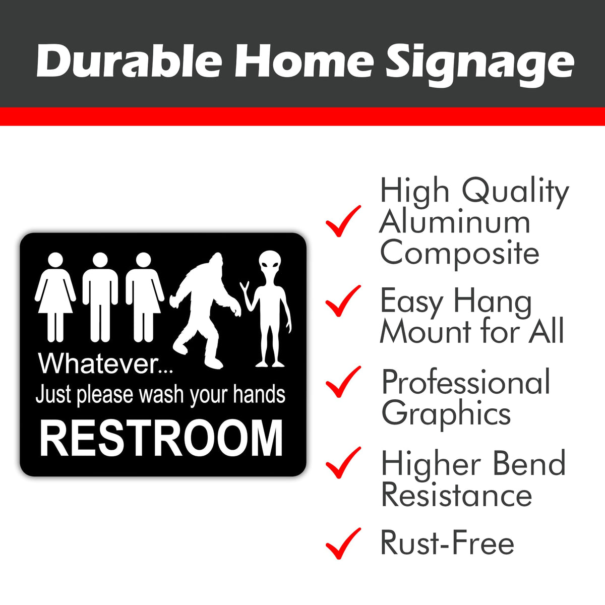 Just Please Wash Your Hands Bathroom Sign | Bigfoot Alien Funny Signs - Inclusive Decor - Door & Wall Restroom Signs - 8.5"x10"