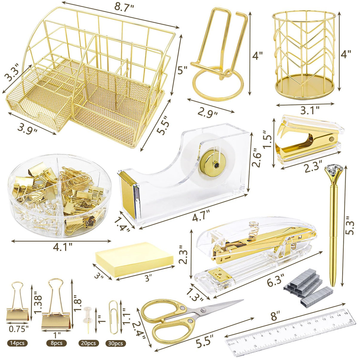 YOLOZAI Office Desk Organizers, Gold 13PCS Office Supplies and Accessories Desk organizer, Acrylic Stapler, Staple Remover, Clips, Scissor, Phone Holder, Pen, Pen Holder