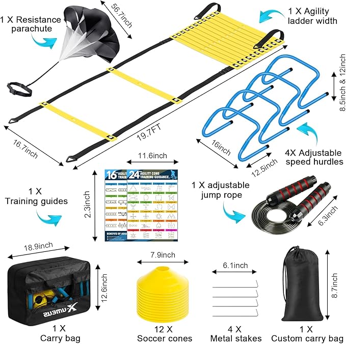 Agility Ladder Speed Training Equipment Set-20ft Agility Ladder,12 Soccer Cones,4 Hurdles, Jump Rope, Running Parachute| Basketball Football Soccer Training Equipment for Kids Youth Adults