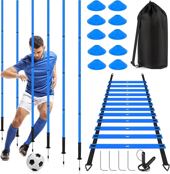 Soccer Agility Training Equipment: 6 Soccer Agility Poles, 20ft Agility Ladder, 10 Soccer Cones, 1 Jump Rope. Soccer Training Poles for Speed Training, Agility Training