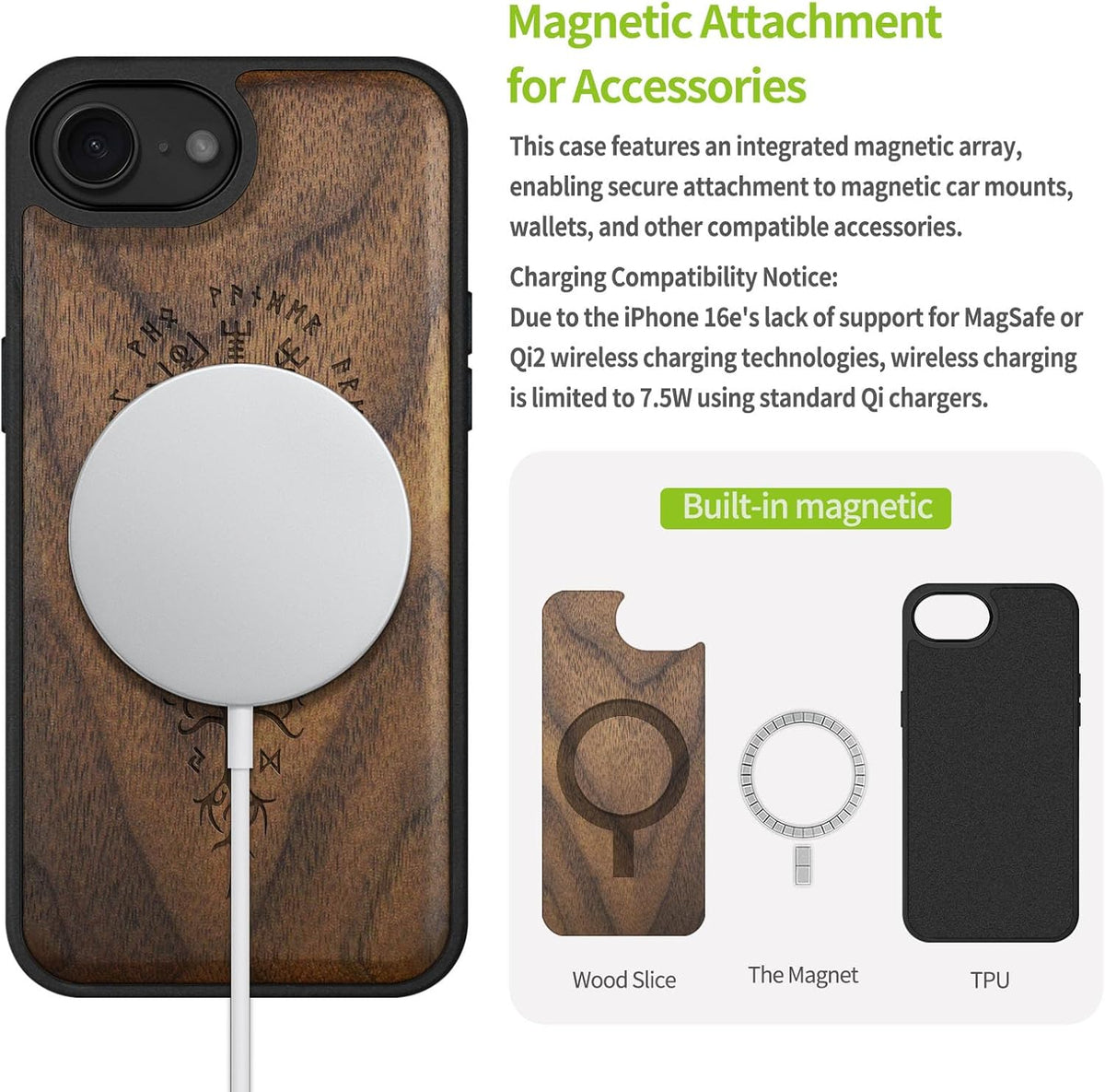 Carveit 16e 17e, Magnetic Wooden Case for iPhone / Solid Wood & Black TPU, Artisan Engraved Design, Shockproof Cover
