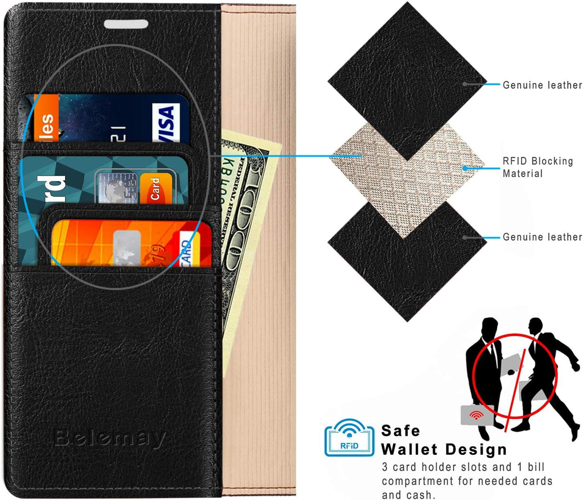 Belemay 15 (6.1-inch) Case Compatible with iPhone Wallet Case-Genuine Leather-RFID Blocking Card Holders-Shockproof TPU