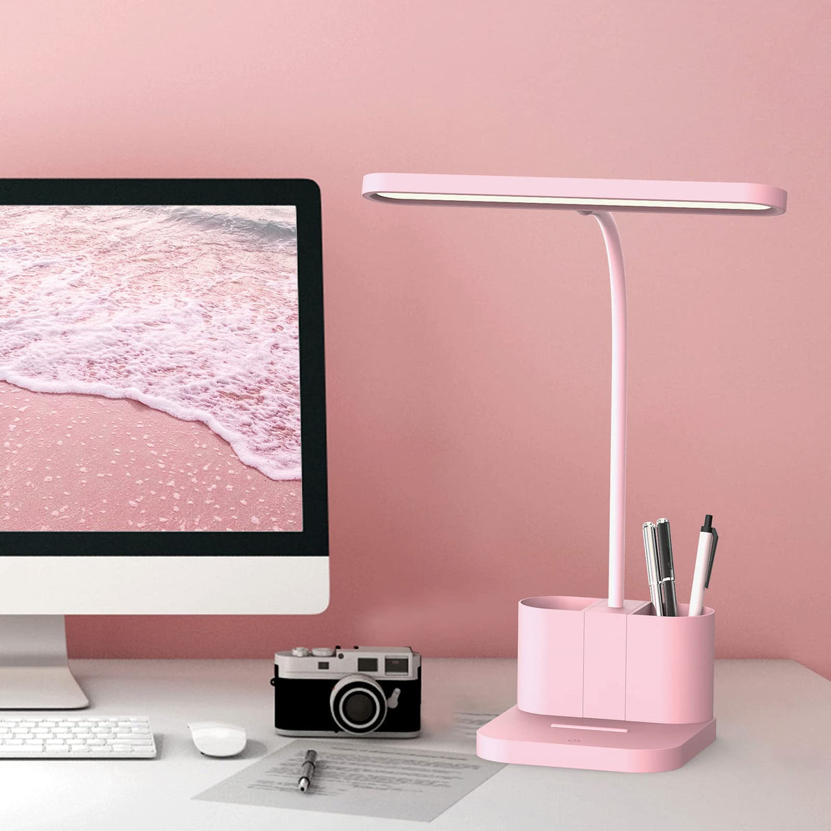 AXX Pink Desk Lamp for Home Office, Cute Table Lights for Bedrooms, Kawaii, Dimmable LED, Flexible Gooseneck, Pen Holder, Touch Control, Room College Dorm Essentials for Teen Girls Kids