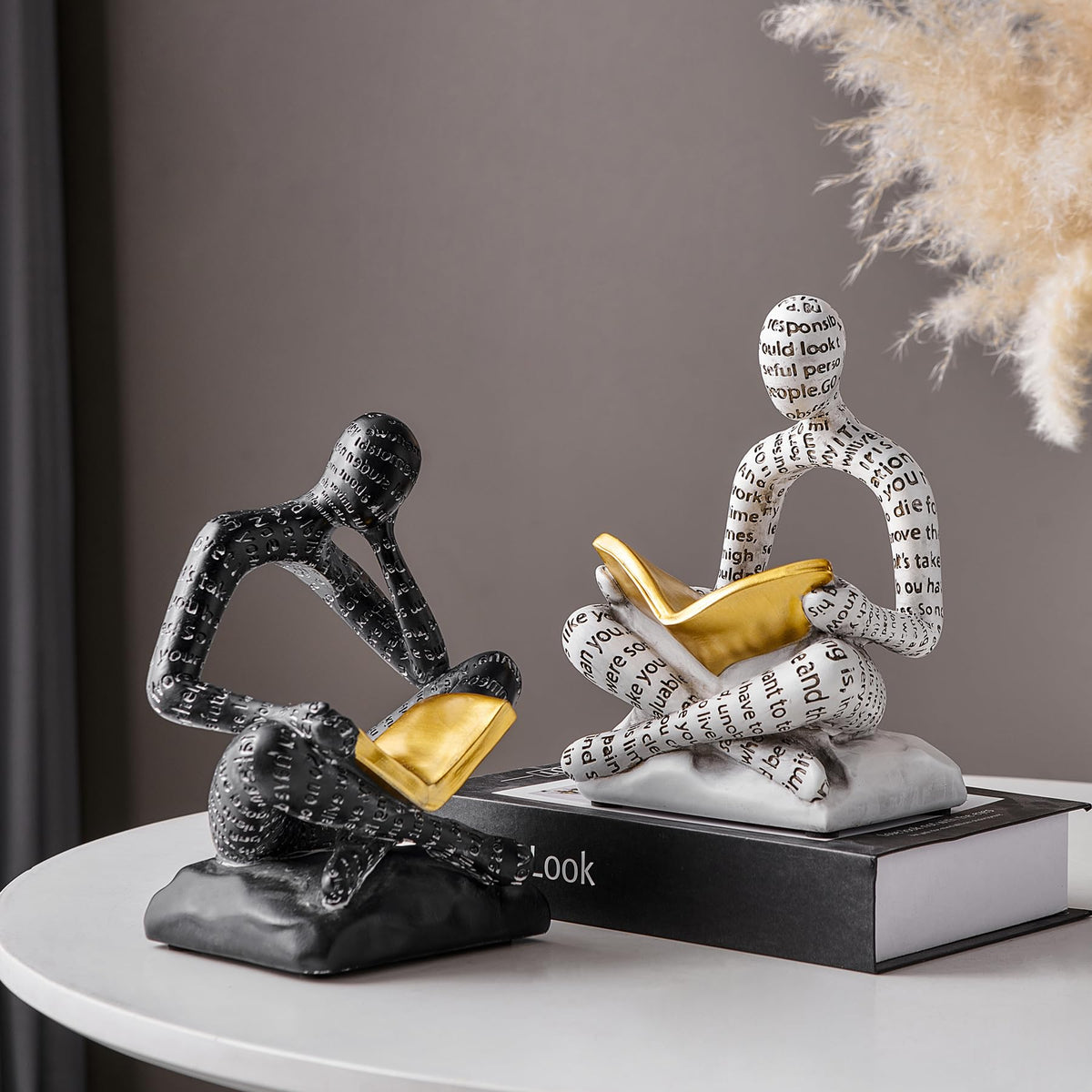 Heavy Duty Book Ends for Shelves, Thinker Decorative Bookends for Heavy Books, Unique Book Stoppers to Hold Book, Bookshelf Accessories, Modern Home Office Decor Aesthetic Black & White