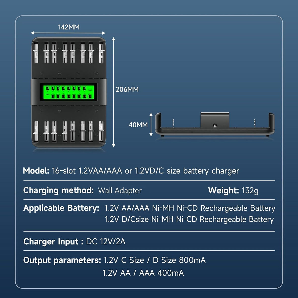 CITYORK 16 1.2V Bay Rechargeable Battery Charger Smart LCD Display for AA AAA C D Ni-MH Ni-CD Rechargeable Batteries