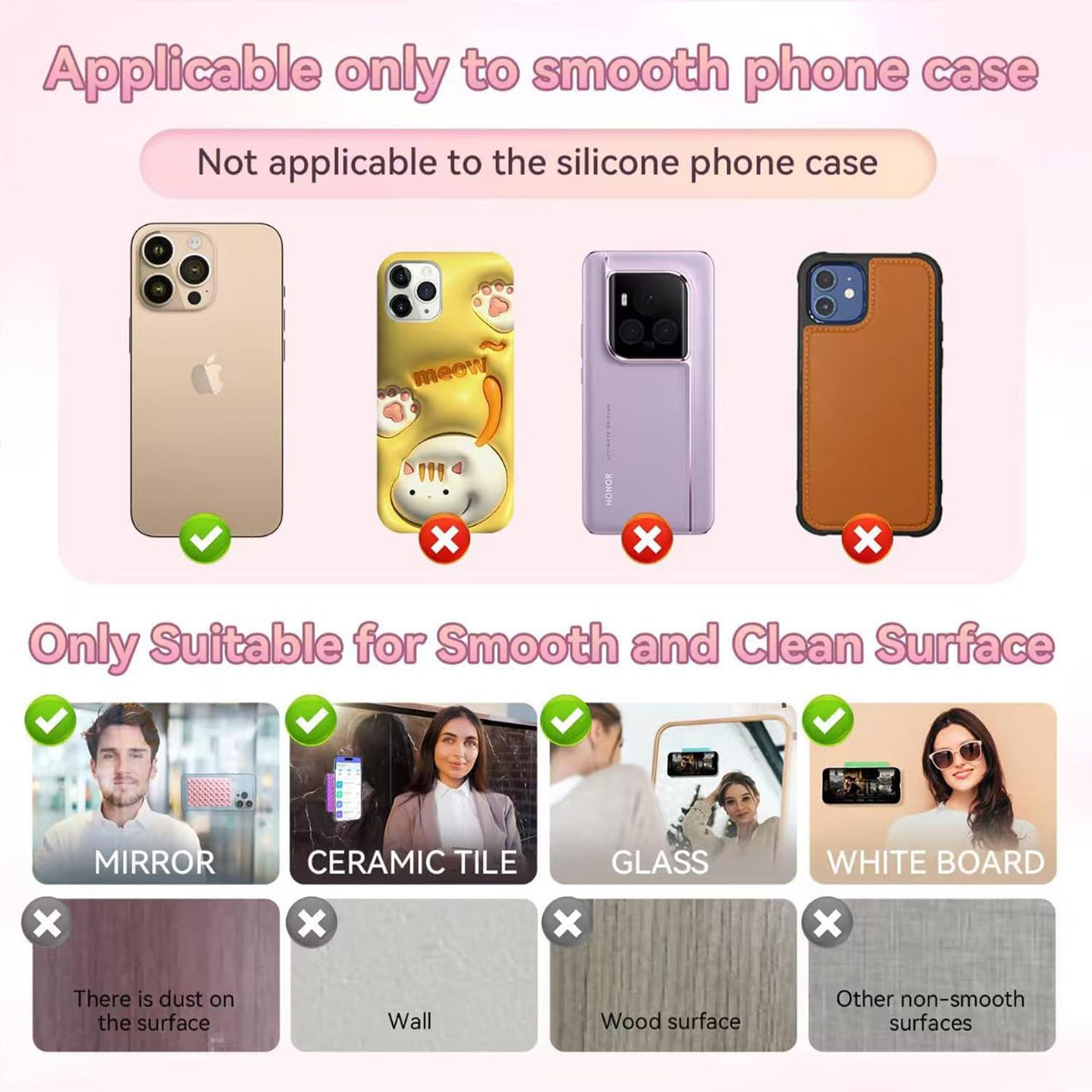 ALiHAN Silicone Suction Cup Phone Case Adhesive Mount, Double Sided, Hands-Free Phone Accessories Holder Grip
