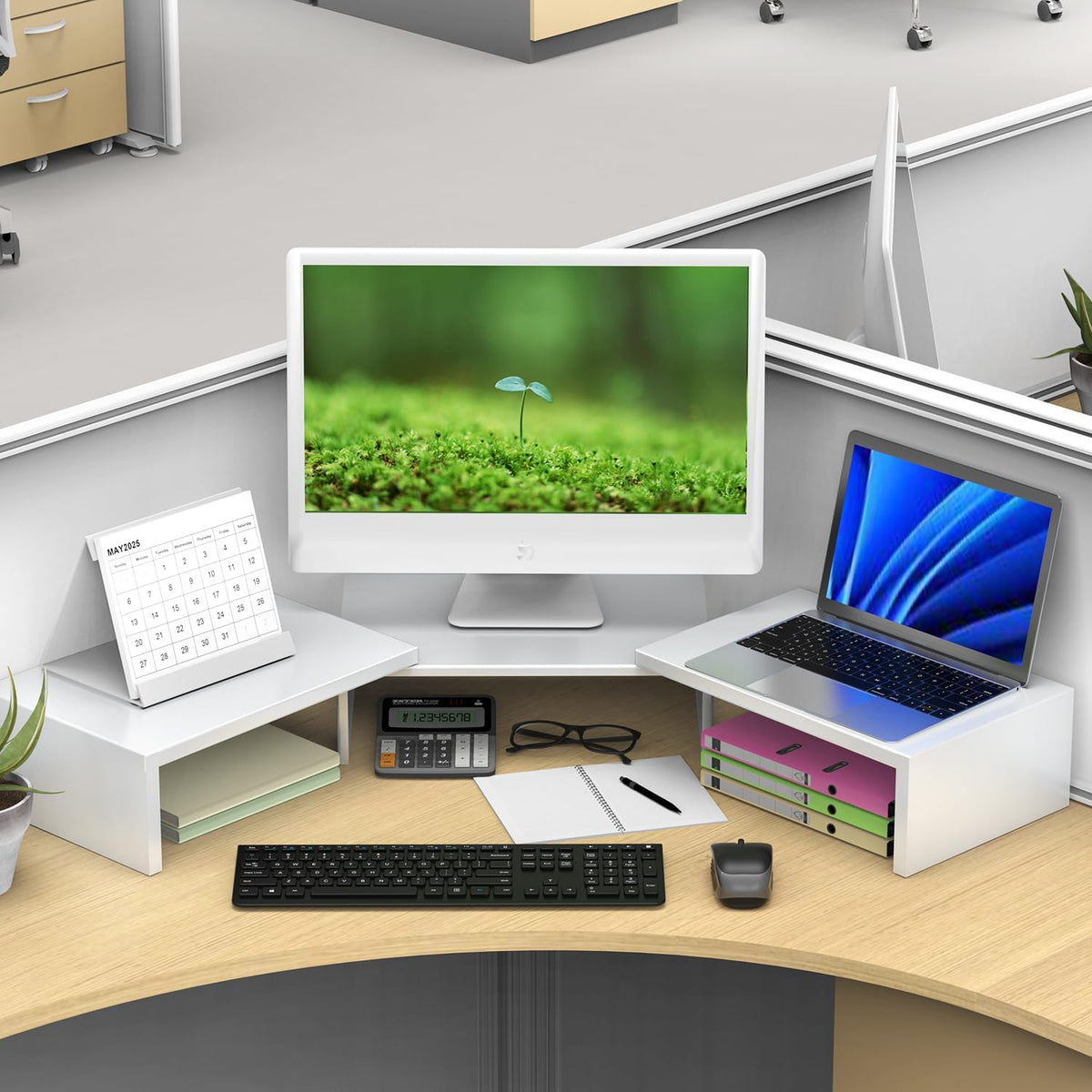 Dual Monitor Stand for Desk, Metal Computer Stand, Desk Shelf Riser,Desktop Organizer for Home and Office Use (White)