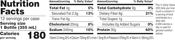 Oikos Protein Shake, Chocolate, 30g High Protein Drinks, Shelf Stable, Ready to Drink, 5g Prebiotic Fiber, 12 fl oz Bottle, 12 Count