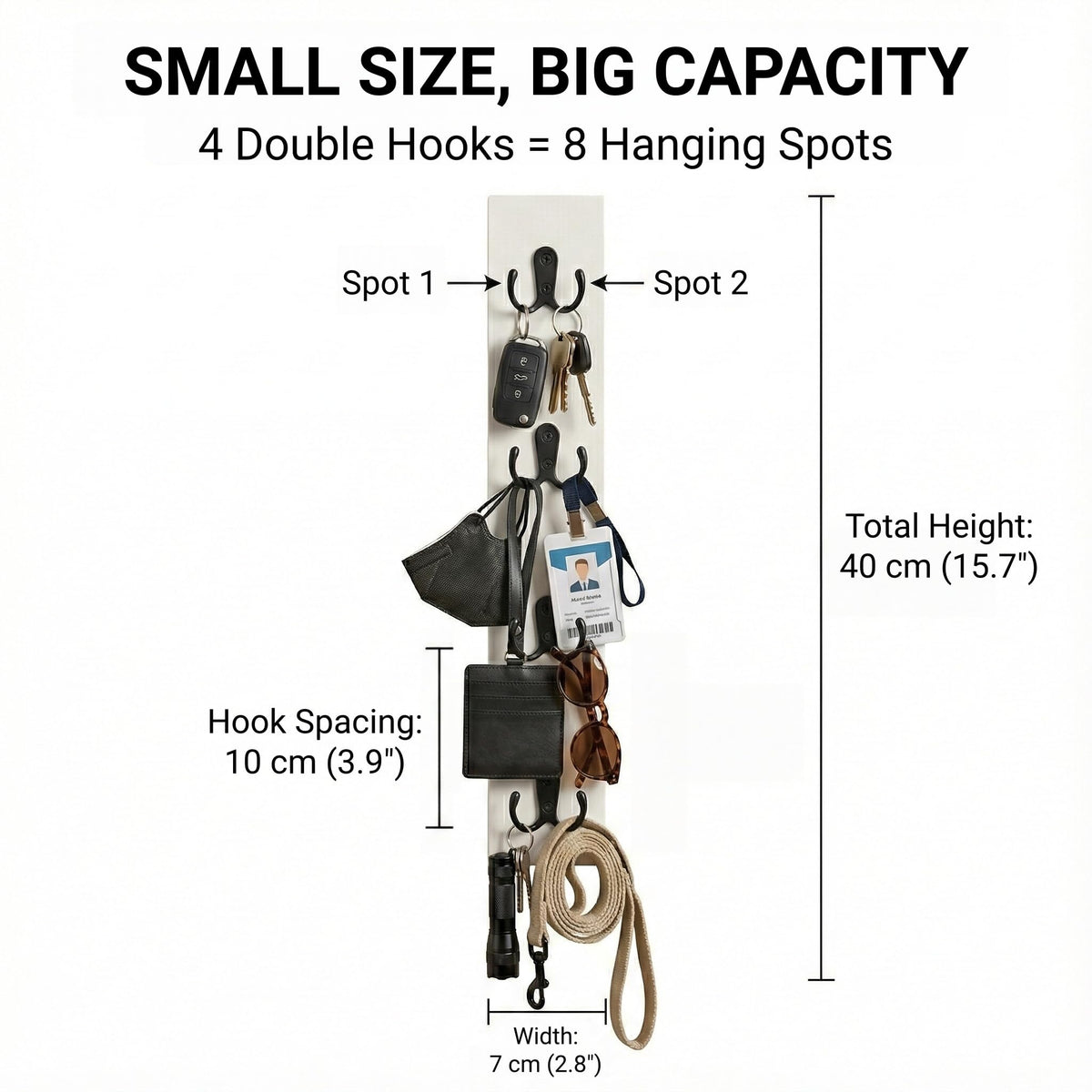 Vertical Key Holder for Wall & Dog Leash Holder – Solid Wood Wall Mount Key Rack with 8 Hooks – Small Space Saving Entryway Organizer for Keys, Lanyards, Masks (Adhesive or Screws) (White)