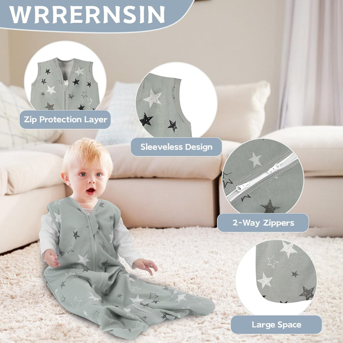 Skiennix Baby Sleep Sack - 100% Cotton Wearable Blanket for 6-12 Months | 3-Pack Lightweight 2-Way Zipper