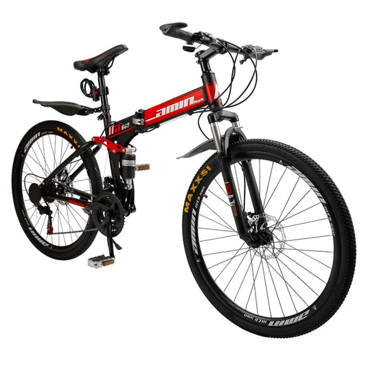 Bruce & Shark 26" Folding Mountain Bike for Men, 21 Speeds Full Suspension Commuter Bicycle, High Carbon Steel & Disc Brakes, Portable City Outdoor Bike for Adult Youth Teen