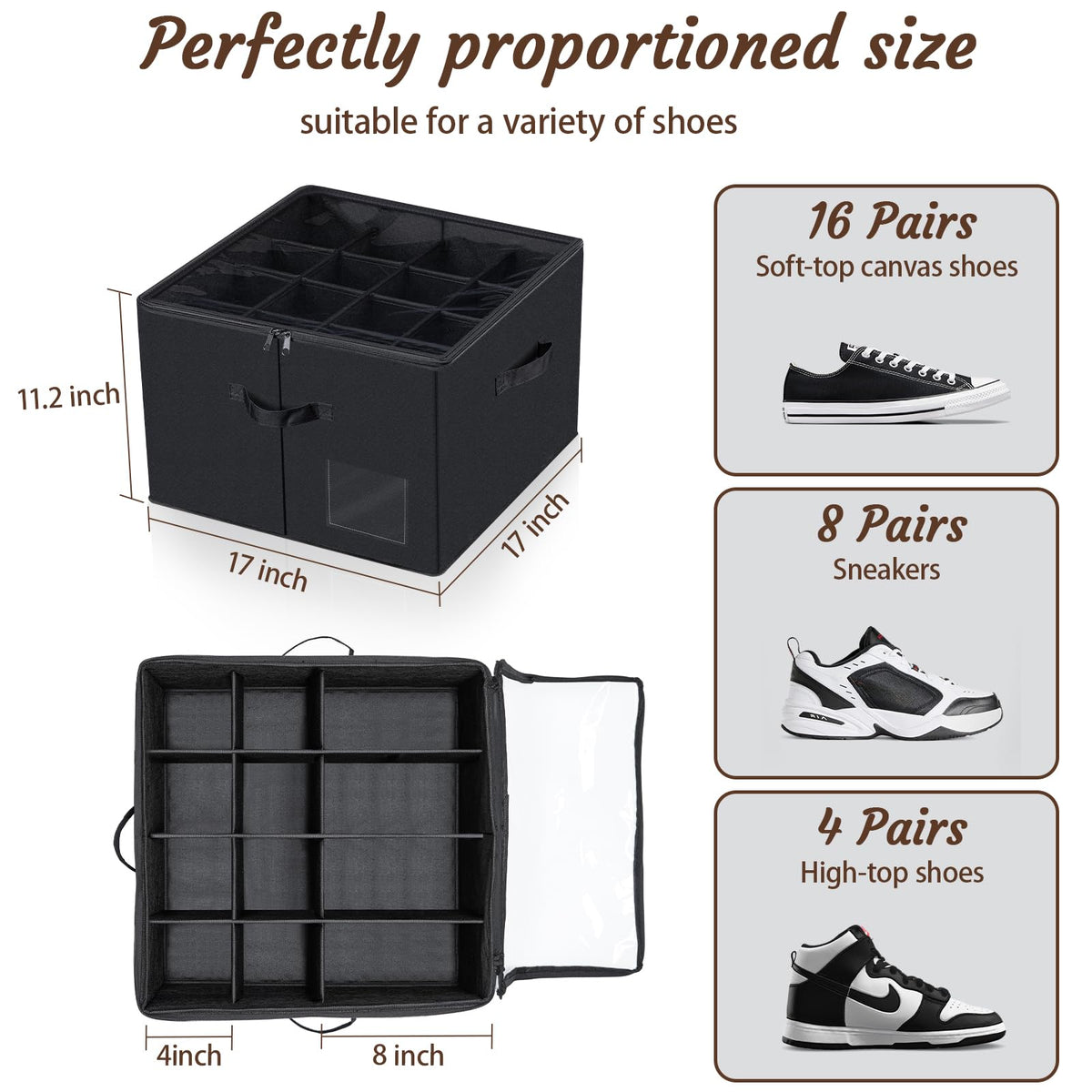 PAKISOU Shoe Storage Organizer, Fits 16 Pairs, Closet Shoe Box with Adjustable Dividers & Transparent Lid, Foldable Fabric Shoe Container with Handles for Space-Saving Shoe Storage (Black)
