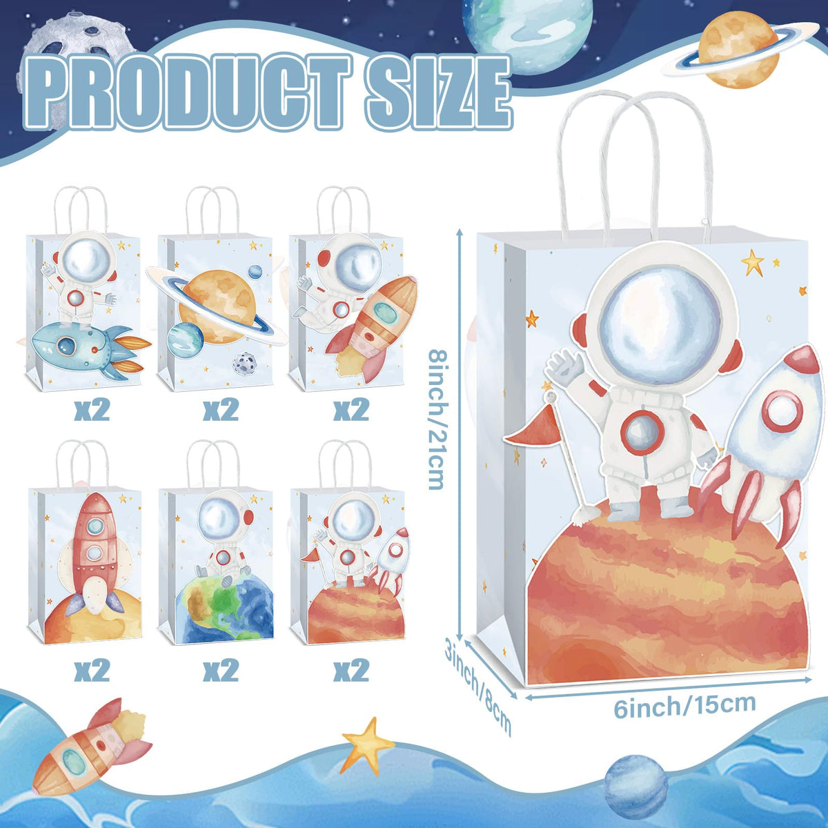 Naozinebi 12 Pcs Outer Space Party Favors Bags with Handles Astronaut Galaxy Theme Party Supplies Solar System Goodie Gift Rocket Paper Bag for Kids Birthday in 6 styles Gift Bags for Baby Shower