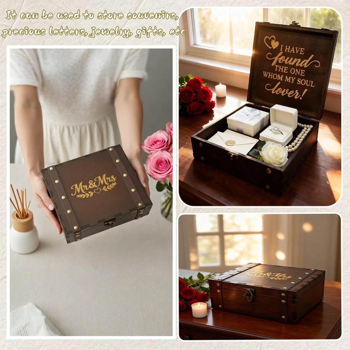 Flasunire Vintage Mr & Mrs Wedding Memory Box with Heart Design - Romantic Engraved I Have Found The One Wooden Keepsake Chest, Bridal Shower Gift for Couples 7.8x7.8x2.9 inch