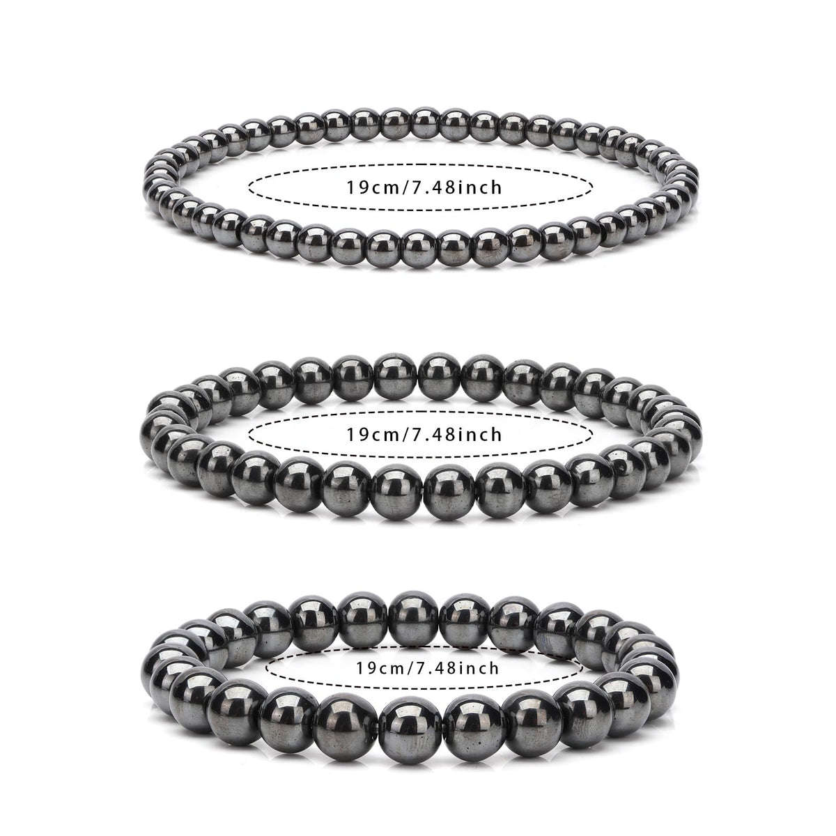 Risyfjew 4MM Handmade Hematite Natural Gemstone Stretch Elastic Bracelet,PE Film Anti-oxidation Packaging Natural Stone Crystal Healing Power Energy Gifts for Adult