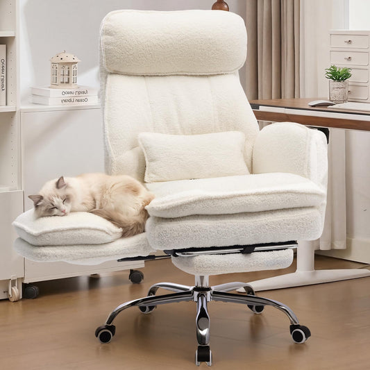 EGSEAT Big and Tall Office Chair with Flip Armrests, Cross Legged Office Chair with Storage Pockets, Comfortable Reclining Computer Chair with Foot Rest, Wide Home Desk Chair, Teddy Fleece, Cream