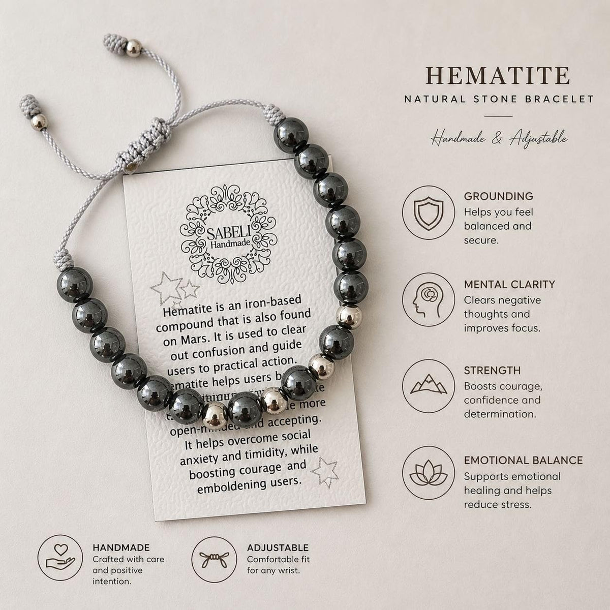 Sabeli Handmade Bracelets Real Natural Stones Healing Protection Focus 8mm Bead Adjustable Macrame Women Men Gemstone Gift (Hematite)
