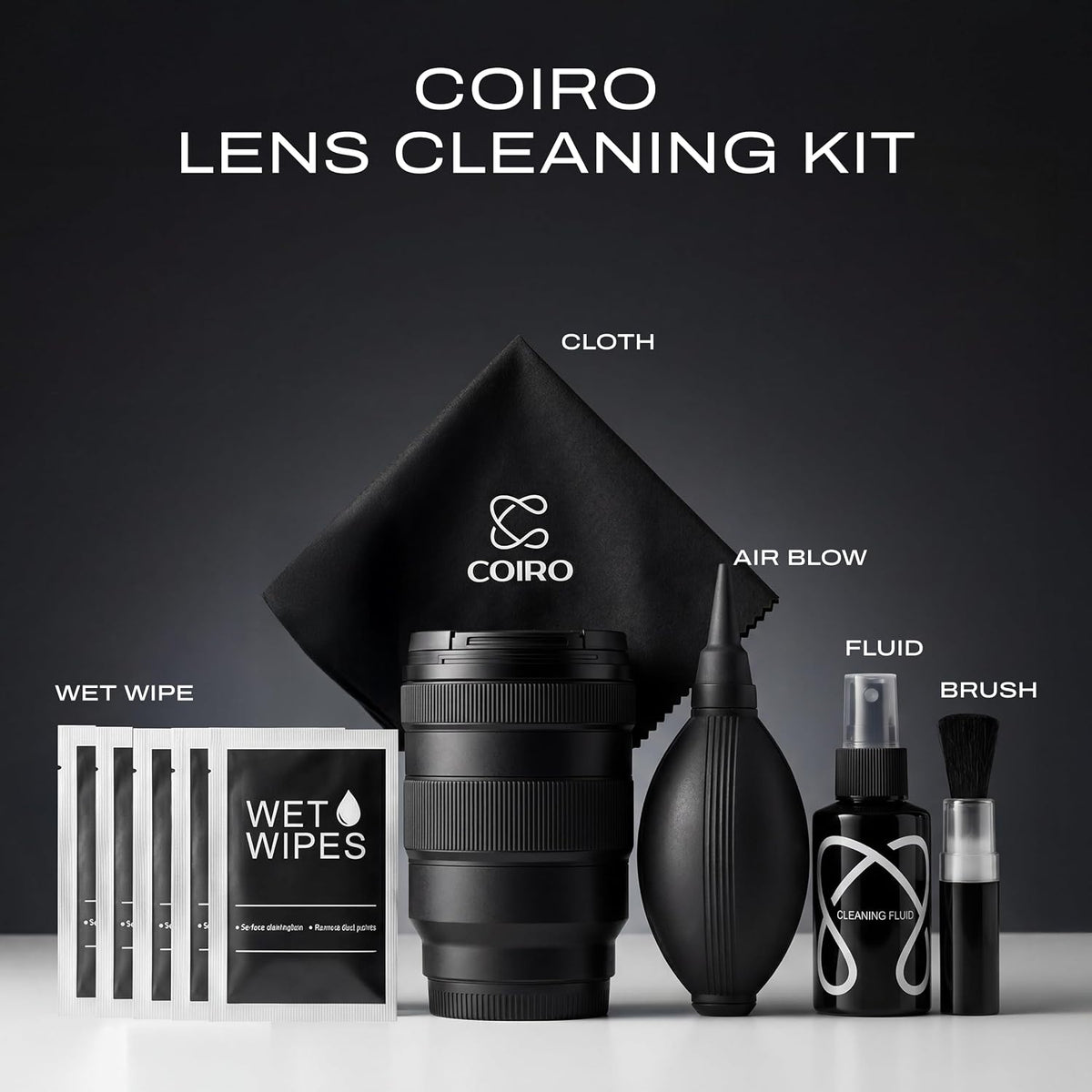 C Coiro 100ml, Coiro Camera Lens Cleaning Kit Camera Air Blower, Lens Cleaner Spray Soft Brush, Wet Wipes & Cloth DSLR