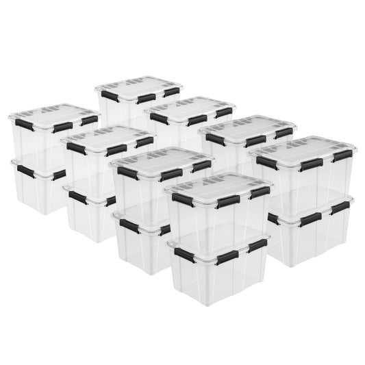 Sterilite 16 Pack 54 Qt Gasket Box, Clear Stackable Plastic Storage Container with Lids, Black - Waterproof and Dustproof Tote for Home Organization