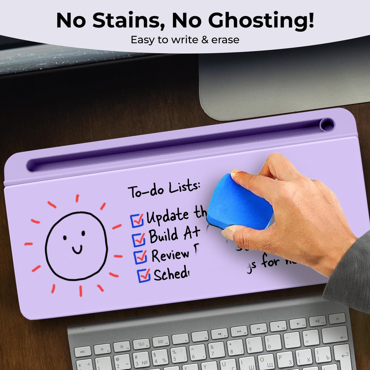 Chalkola Lavender Glass Desktop Whiteboard with Storage - Dry Erase Board, Work Desk Organizers, Computer Keyboard Stand, Home Office Desk Accessories, Workspace Desktop Buddy + 3 Markers