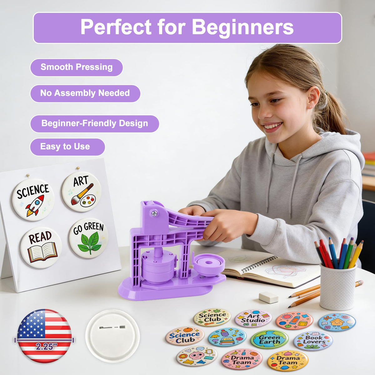 Happizza Button Maker Machine 58mm/2.25in, Pin Maker Machine Kit with 30 Buton Parts, DlY Badge Maker, Purple Button Press Machine, Perfect Beginner Experience Kit, Ideal for School, Parties, Events