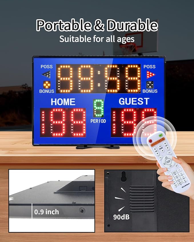 Basketball Digital Scoreboard with Remote,Battery Powered Portable Tabletop Electronic Scoreboard with 75dB Buzzer,Countdown Timer & Score for Games