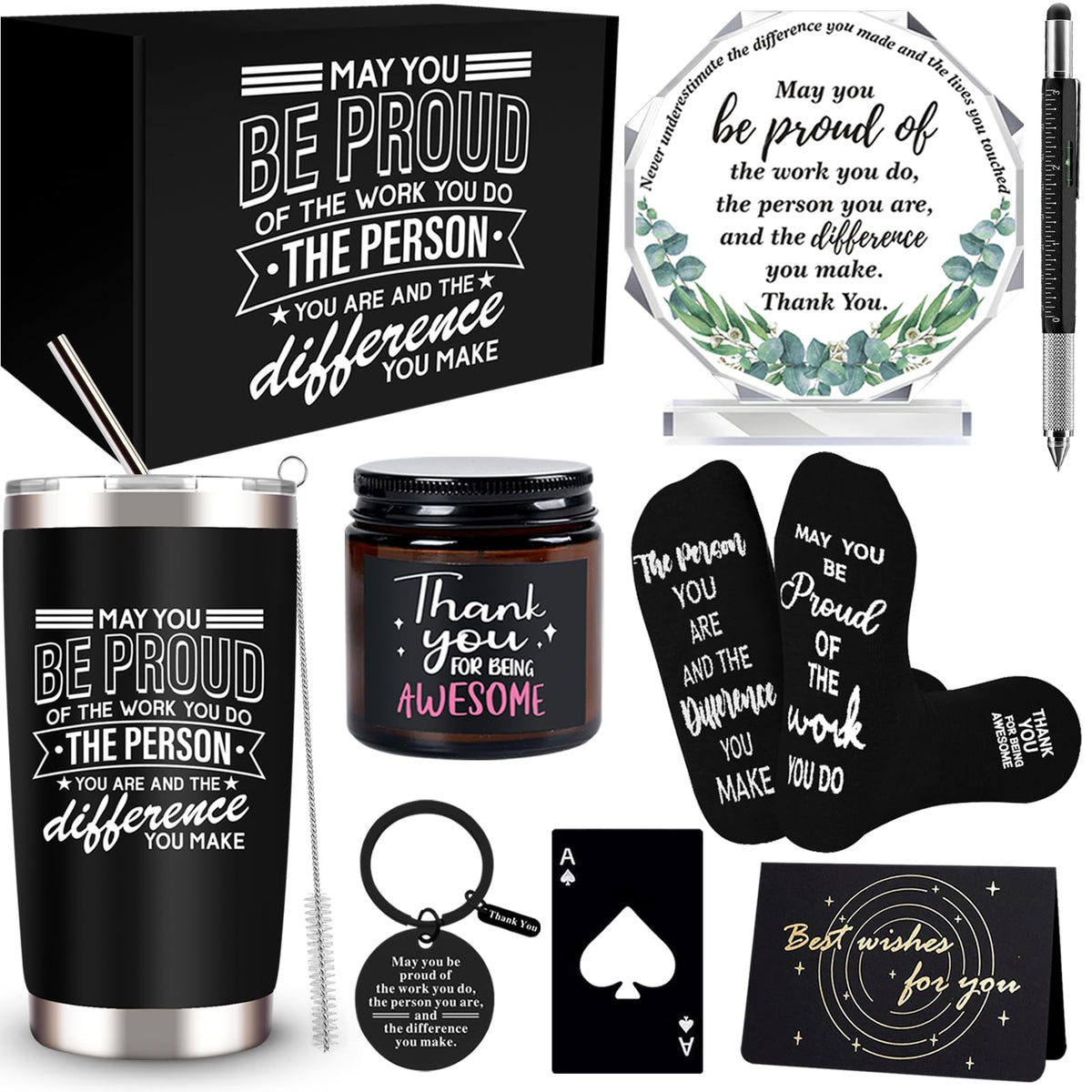 SIXVALA Employee Appreciation Gifts Set, Best Coworker Gifts for Men, 20 Oz Tumbler Thank You Gifts Basket with Scented Candle Socks Keychain Inspirational Acrylic Sign for Employee Teacher Professor