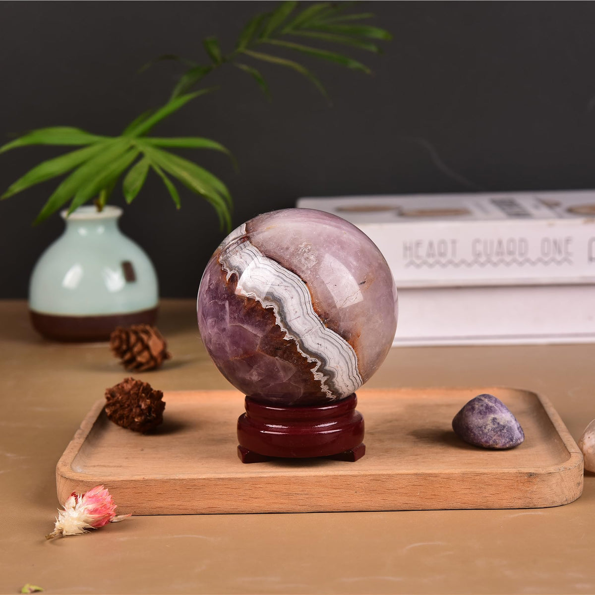JIC Gem Natural Amethyst Agate Crystal Sphere with Wooden Stand Amethyst Decorative Crystal Gemstone Sphere for Meditation Feng Shui Witch-Style Decor Table 70-80mm