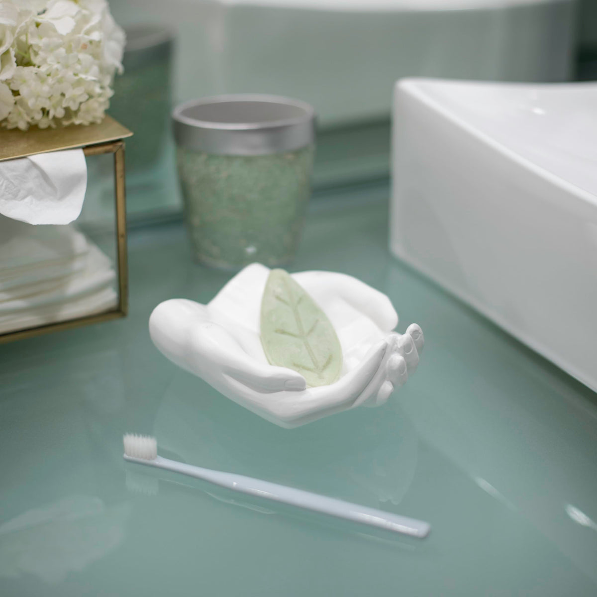 Danya B. CSK8076 Handle with Care Hands Holder, White Poly Resin Decorative Tray, Key Ring Jewelry Candle Trinket or Candy Dish, 5.25" W