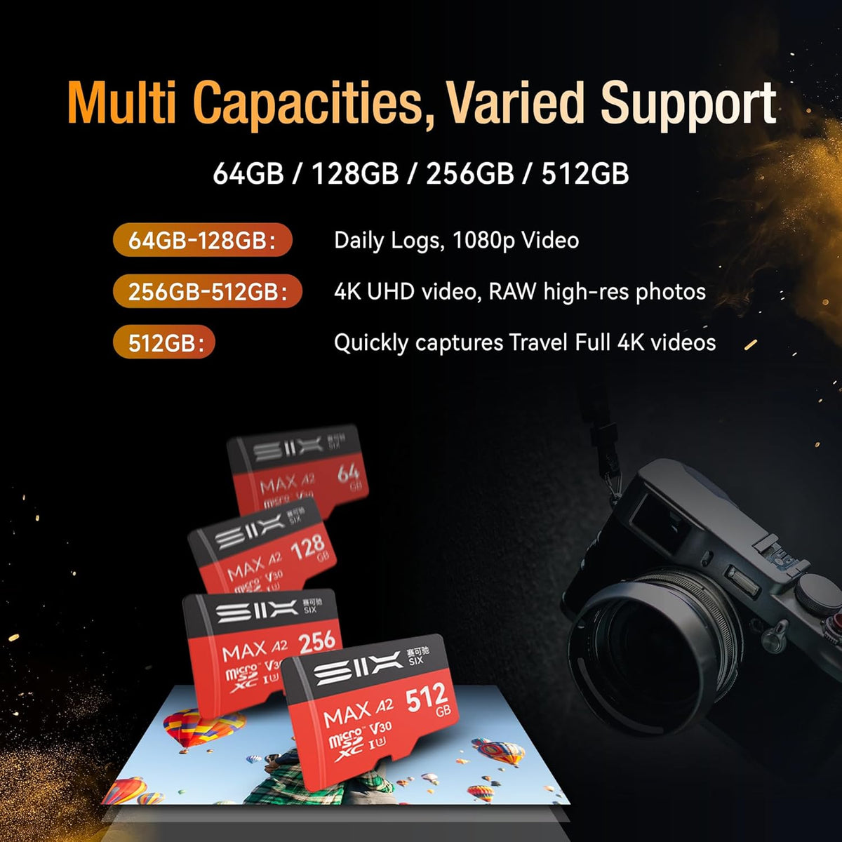 SIX M200 64GB 190MB/s 4K A2, U3, V30 64GB Micro SD Card Read Up to for UHD Continuous Recording - microSDXC Memory Card