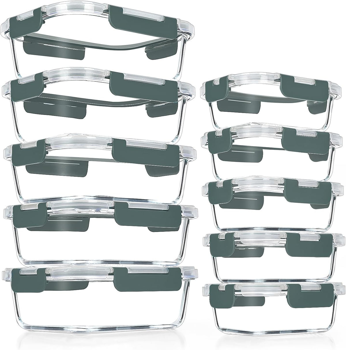 VERONES Glass Meal Prep Containers - 10 Pack Airtight Storage Set with Lids | BPA-Free, Stackable, Microwave & Oven Safe, Grey
