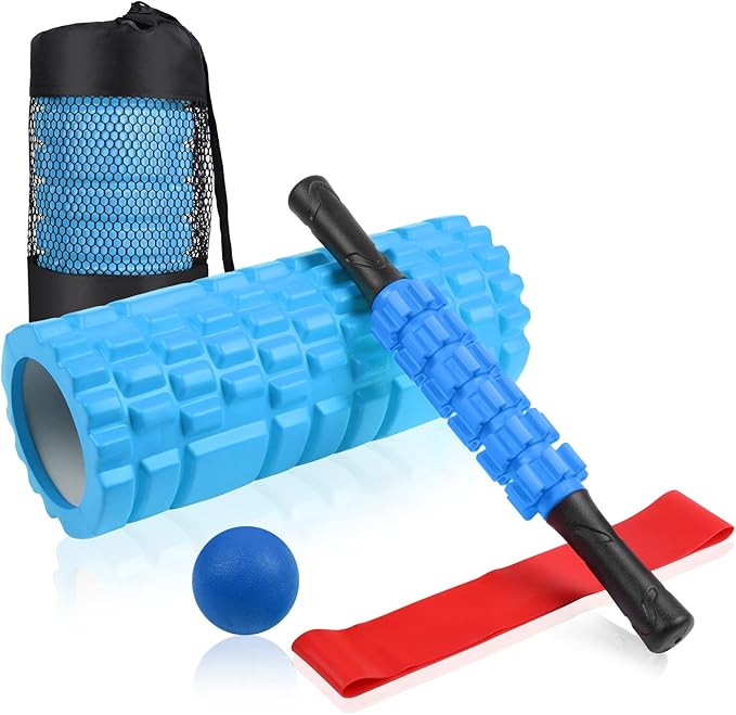 5 in 1 Foam Roller Set Includes Hollow Core Massage Roller, Yoga Stick, Massage Ball, Fitness Stretching Strap, Massage Roller, Carrying Bag, Towel (Blue)