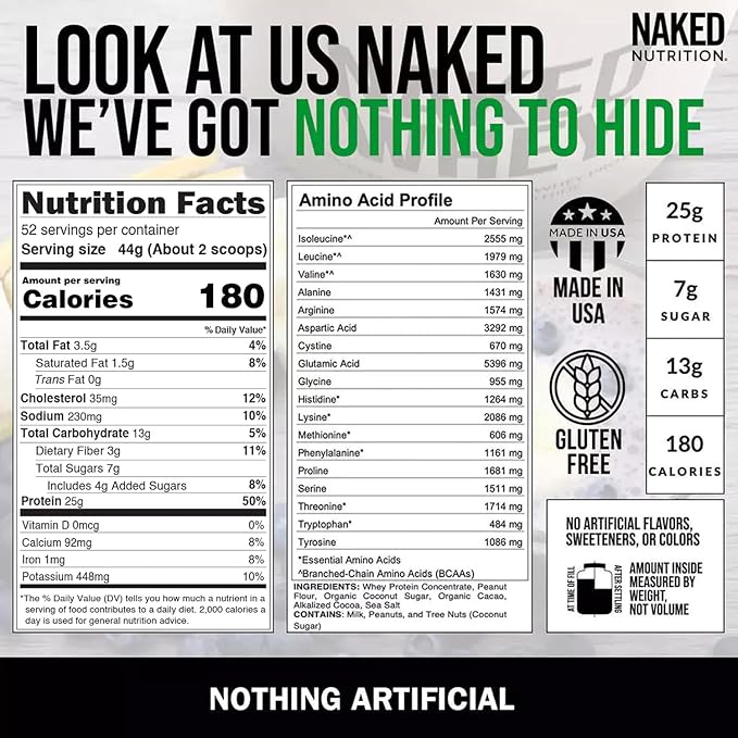 NAKED Whey Chocolate Peanut Butter Grass Fed Whey Protein Powder, No GMO, No Soy, and Gluten Free, Aid Growth and Recovery - 52 Servings
