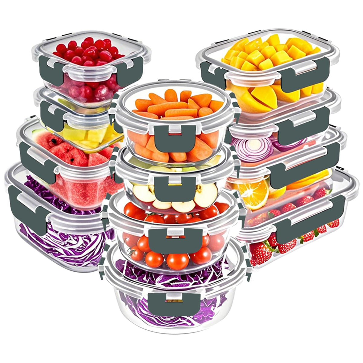VERONES 12 Packs Glass Food Storage Containers Set, Airtight Glass Lunch Containers, Glass Meal Prep Containers with Lids,Exclusive of BPA, for Microwave, Oven, Freezer & Dishwasher Friendly,Grey
