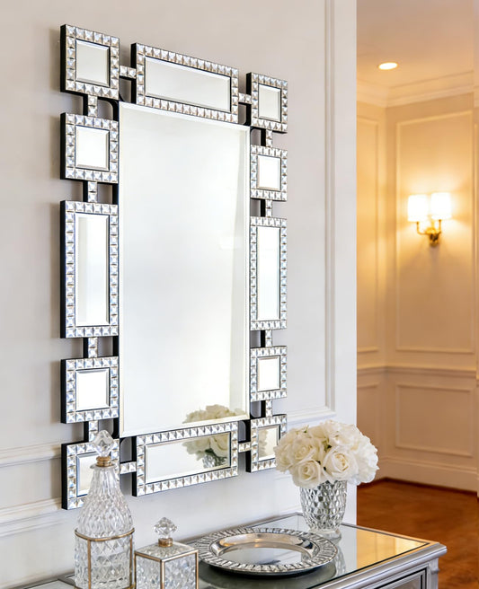 Autdot 36"x24" Decorative Wall Mirror, Mosaic Mirrors for Wall Decor, with Geometric Crystal and Beveled Edge, Suitable for Modern/Luxury Interior Styles Living Room, Entryway, Bathroom