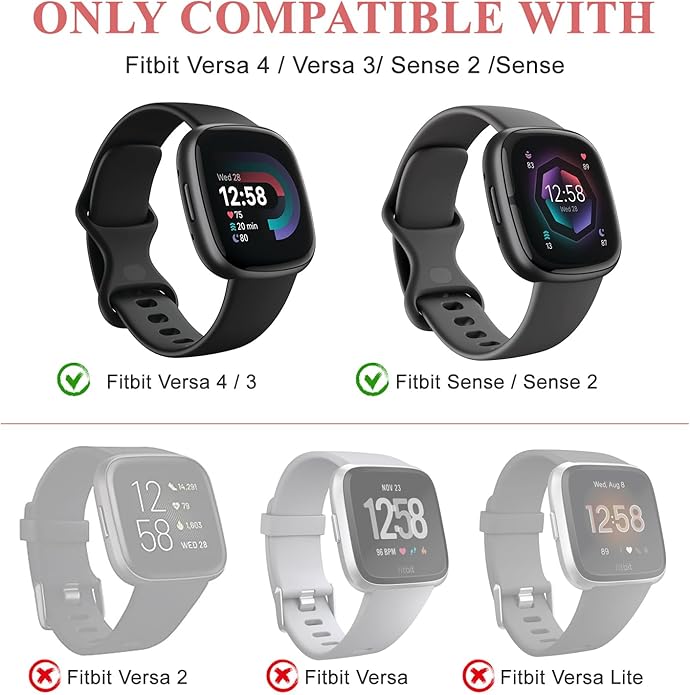 Compatible with Fitbit Versa 4 / Fitbit Versa 3 / Fitbit Sense/Sense 2 Bands, Soft Silicone Replacement band for Women Men 2 Pack