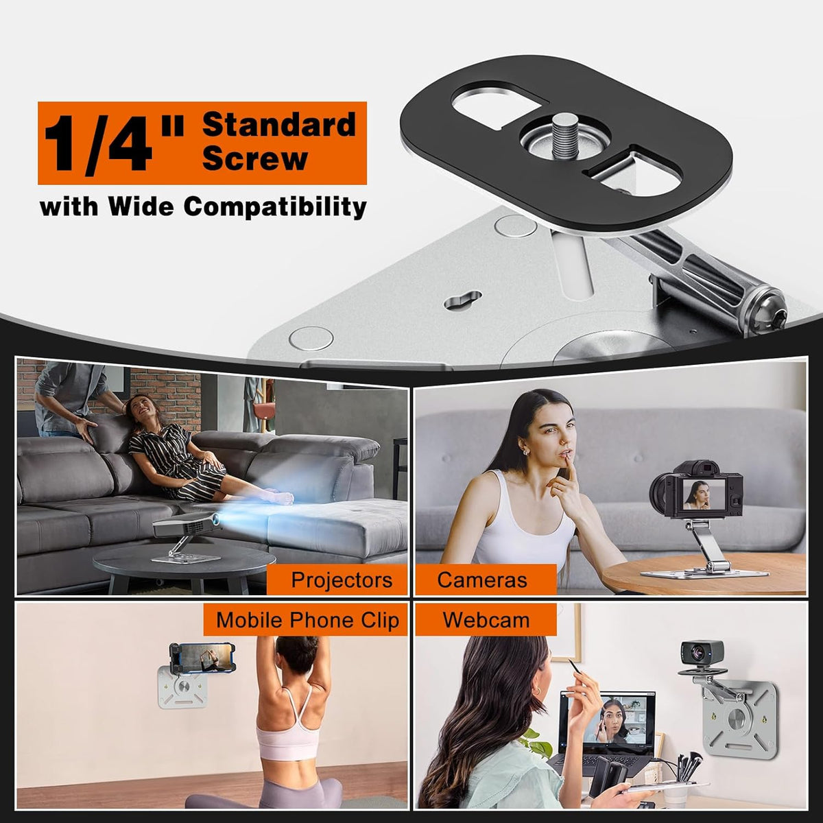 BAISHUN 3-in-1 1/4-Inch Setup, 360-degree Projector Stand Desk, Wall and Ceiling Mount with Thread, Foldable, Easy