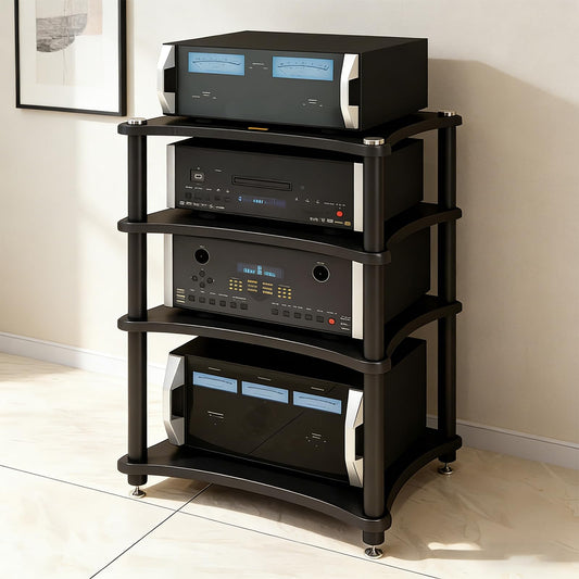 RAJYQODIS Heavy Duty Audio Component Rack, Large Storage Space AV Media Stand with Shock-Absorbing Foot pegs, Audio Rack Tower CD Player Stand for Home/Office/Audio Video/Theate (Black, 4th)