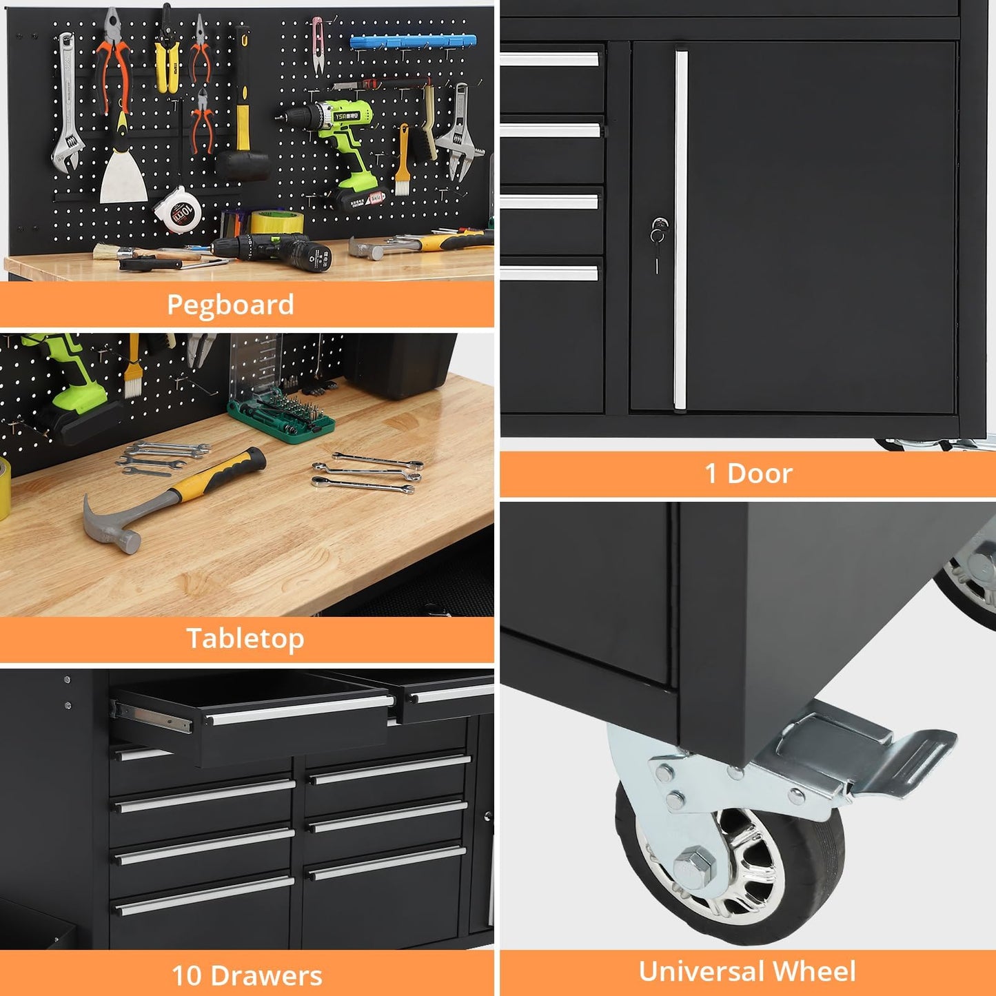 Garvee Rolling Tool Chest, 61 in Garage 10 Drawers Workbench Storage Tool Cabinet with Solid Rubber Wood Top, Power Strip, 1675 LBS Load Mobile Workstation, Heavy Duty Rolling Cabinet, Black