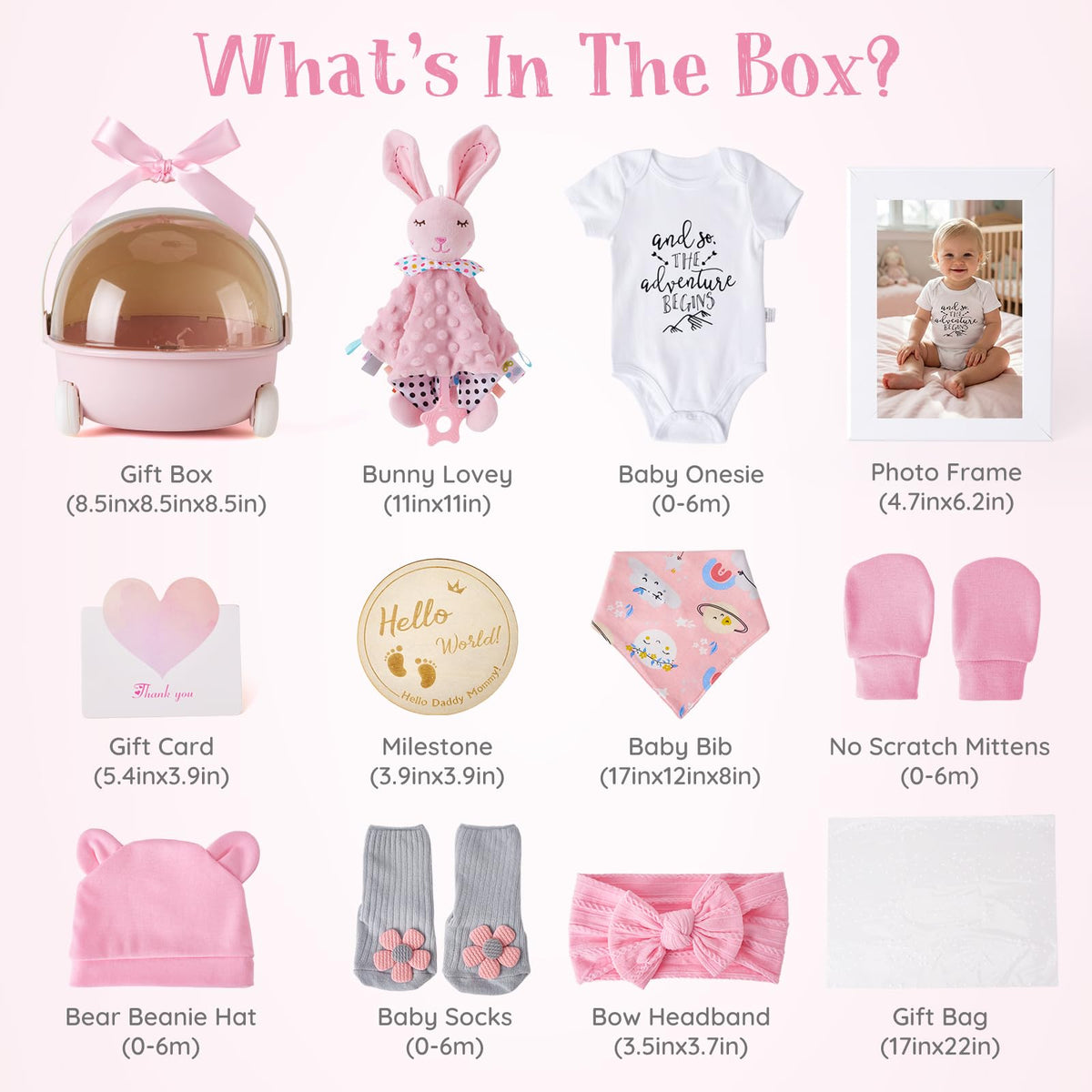 Baby Girl Gift Set - 12 Pcs Newborn Essentials with Bunny Lovey, 100% Cotton Onesie, Milestone Sign & Photo Frame - Unique Carriage Storage Box, Ready-to-Gift Baby Shower Gifts for Newborn Girls