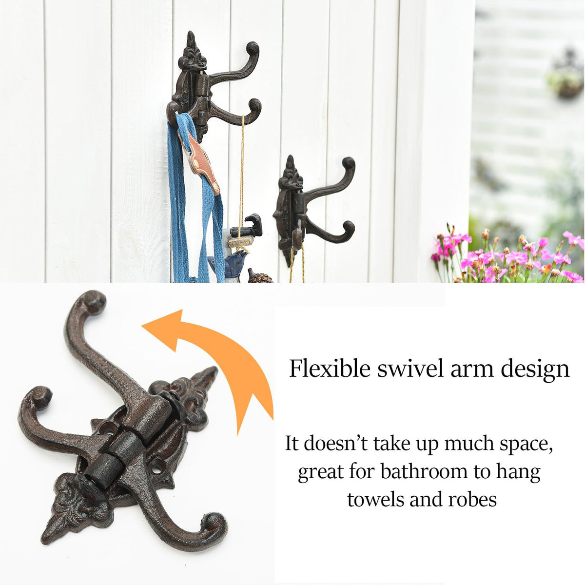 Sungmor 2-Pack Cast Iron 3-in-1 Flexible & Functional Swivel Wall Hook - Vintage Coat Hook Garden Planter Hanger - Heavy Duty Solid Metal Swing Hook - Clothes Hats Towels Bags Pots Tools Hanger