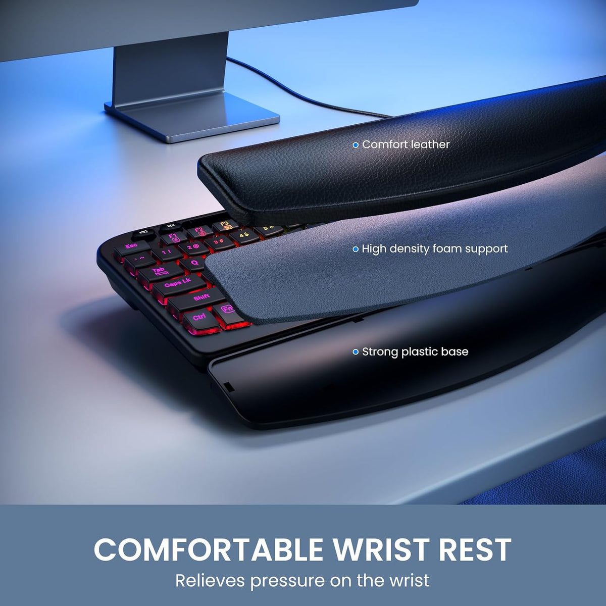 VEILZOR 7-Color Wired Ergonomic Keyboard, Backlit USB Computer Keyboard with Wrist Rest, Wave Keys, Phone Holder