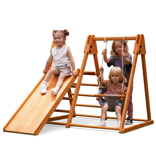 Avenlur 4-in-1 Juniper Outdoor Play Gym - Jungle Gym Playset with Baby Swing, Slide, Ladder, and Climbing Wall - Foldable Wooden Playset - Outdoor Jungle Gym for Kids Ages 18mo to 6yrs