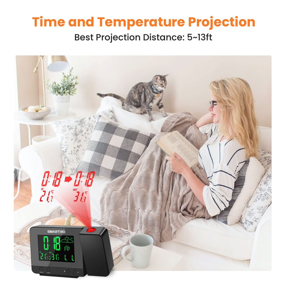 SMARTRO SC31B Digital Projection Alarm Clock with Weather Station, Indoor Outdoor Thermometer for Bedrooms, USB Charger, AC Battery Operated