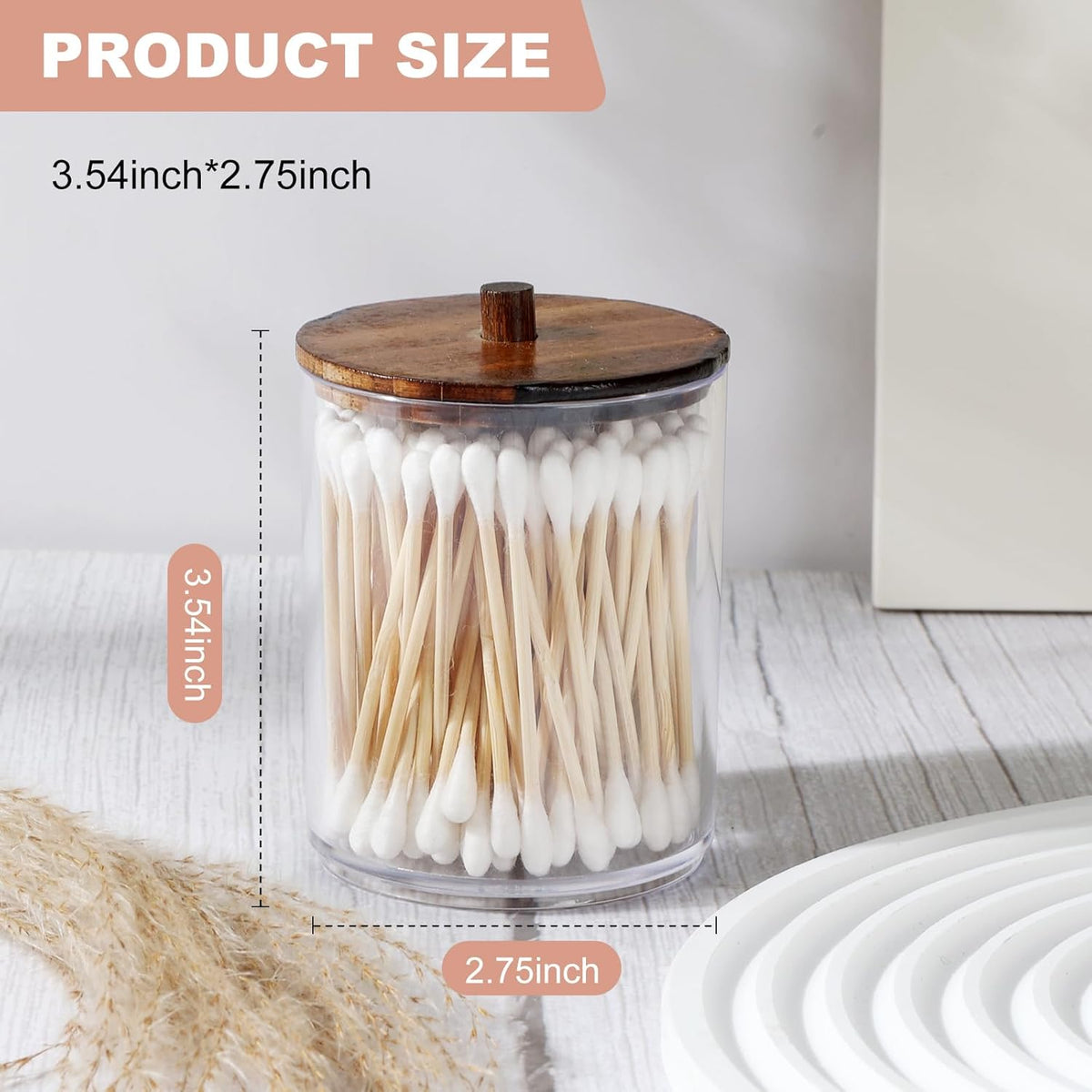 Temoyj Qtip Holder Dispenser - 10 oz Clear Plastic Apothecary Jar with Wood Lids | Vanity Makeup Organizer