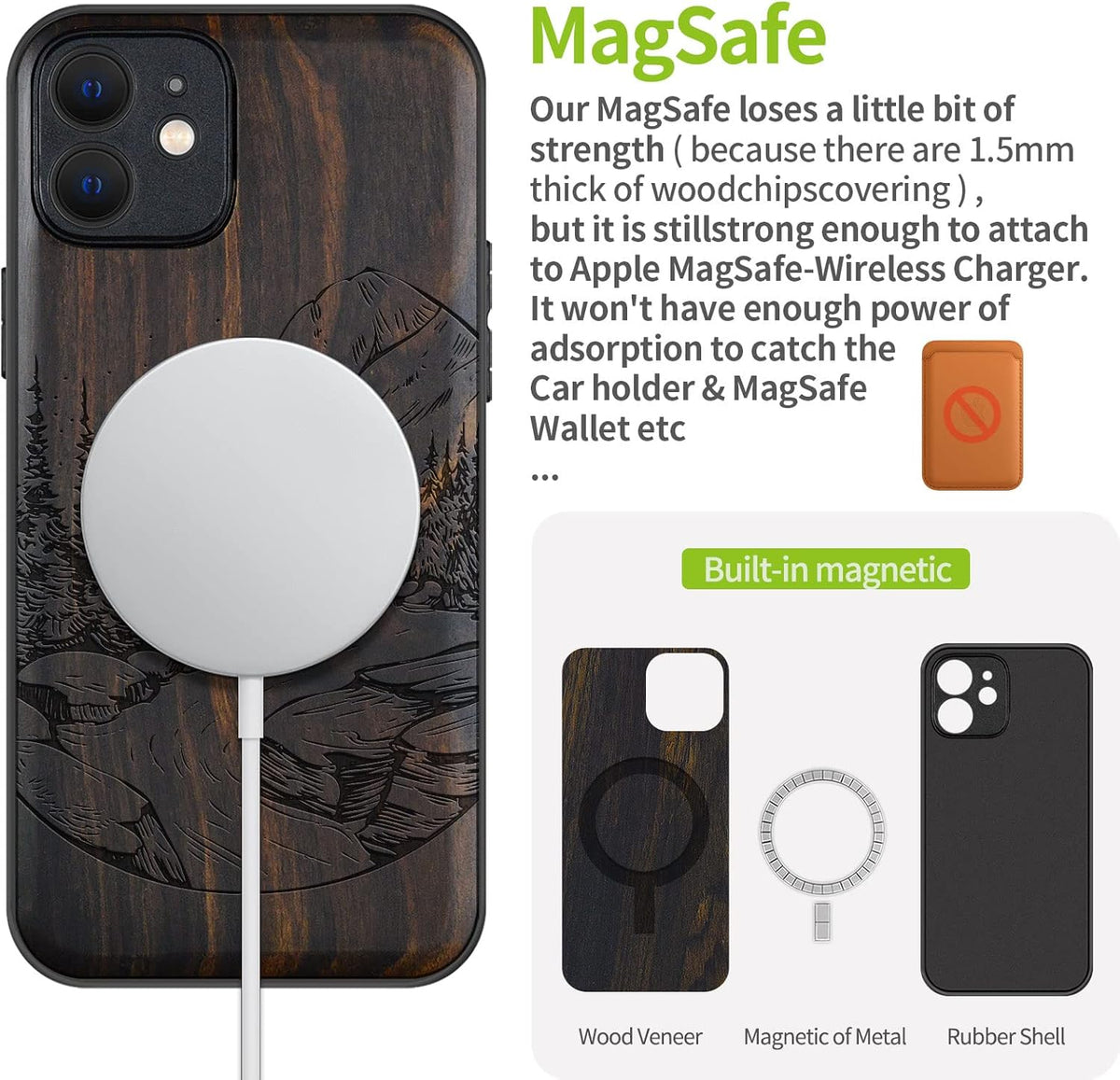 Carveit 12 Magnetic Wood Case for iPhone Case [Natural Wood & Black Soft TPU] Shockproof Protective Unique Wooden Cover